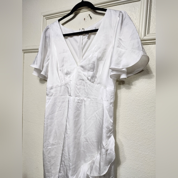 Lulus Eternal Bond White Satin Ruffled Flutter Sleeve Maxi Dress L Wedding Party - Picture 7 of 9